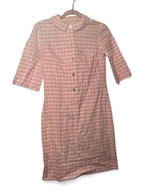 70s pink gingham button up wiggle fitted pinup dress